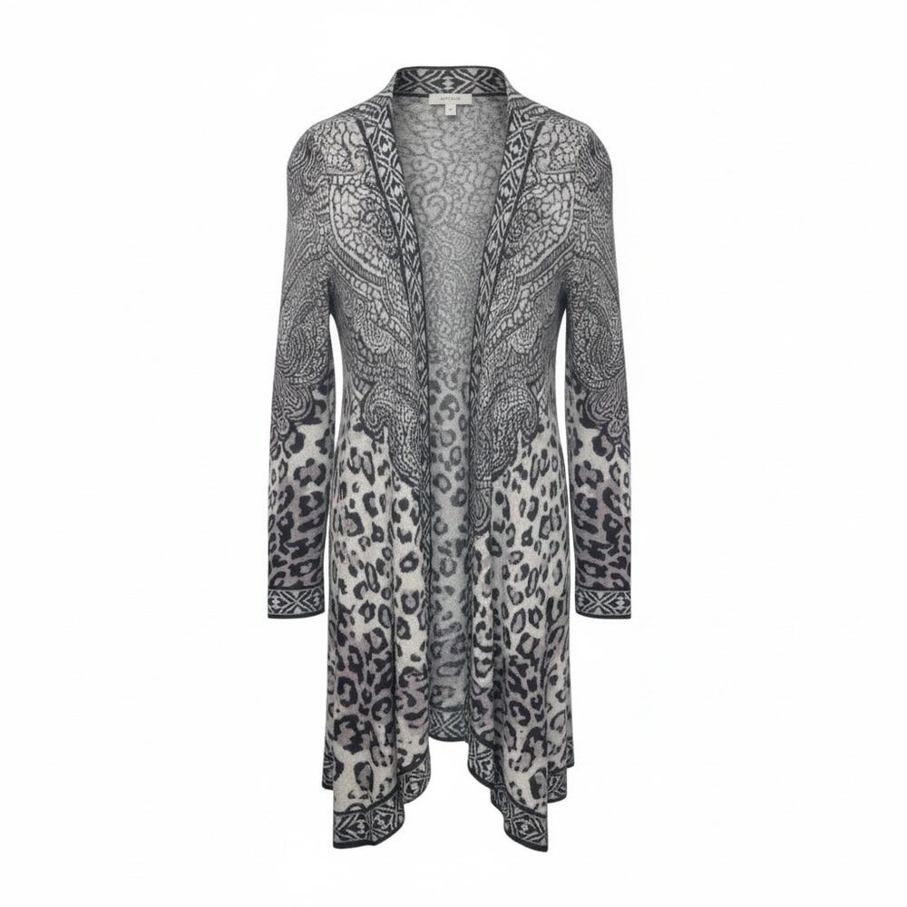 Zozo Long Open Front Knit Cardigan Size Medium Mixed Animal Print-Ikat